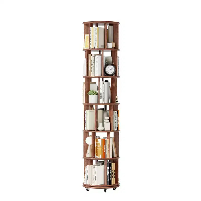 Okak 360 Bibliothèque Rotative avec Roues, Étagère Étroite en Bois Massif à 6 Niveaux, Vitrine pour Salon, Bureau, Chambre, Noyer