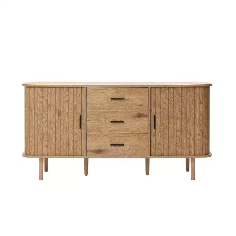 LuxenHome Oak Finish MDF Wood 3-Drawer Sideboard Cabinet with Sliding Doors & Rounded Corners