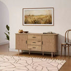 Buffet à 3 tiroirs LuxenHome en MDF aspect chêne avec portes coulissantes et coins arrondis