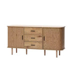 Buffet à 3 tiroirs LuxenHome en MDF aspect chêne avec portes coulissantes et coins arrondis