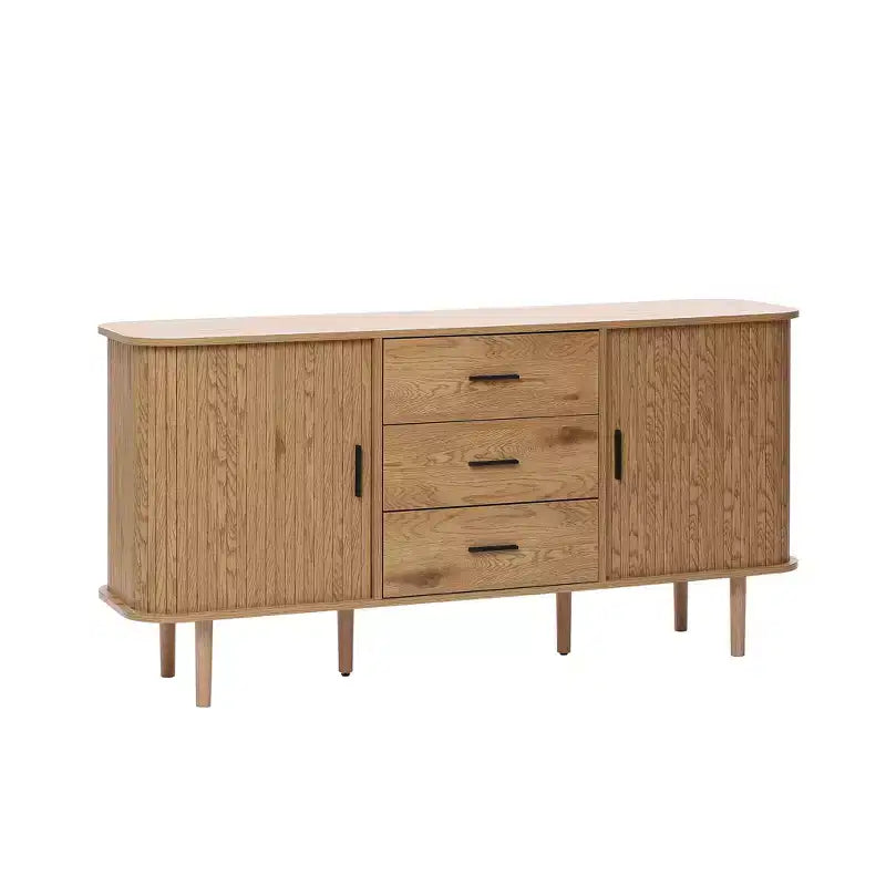 Buffet à 3 tiroirs LuxenHome en MDF aspect chêne avec portes coulissantes et coins arrondis