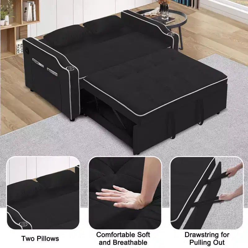 Canapé-lit convertible GUSTOWAVE avec port USB, canapé futon convertible 3-en-1 moderne en velours, avec dossier réglable, noir