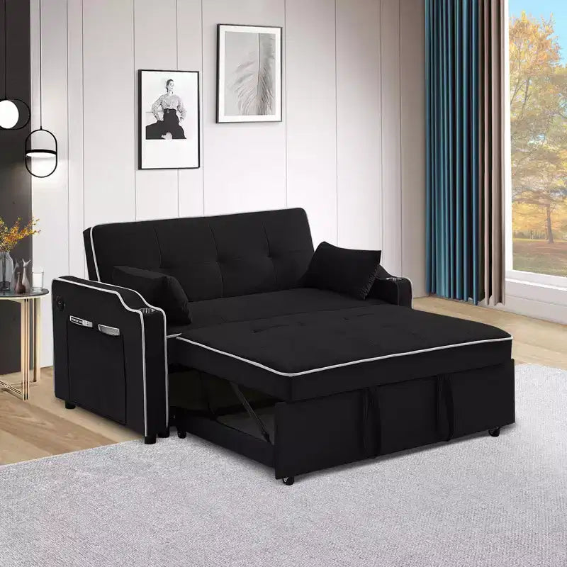Canapé-lit convertible GUSTOWAVE avec port USB, canapé futon convertible 3-en-1 moderne en velours, avec dossier réglable, noir