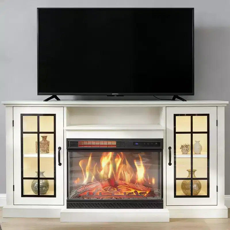 Coolmee 3 Sided Glass Electric Fireplace TV Stand for TVs Up to 65, Media Console with LED Light, Glass Door, Storage, Entertainment Center