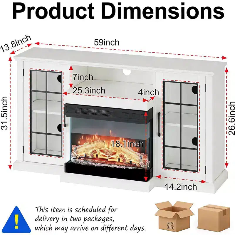 Meuble TV électrique Coolmee 3 faces avec cheminée en verre pour téléviseurs jusqu'à 65 pouces, console multimédia avec lumière LED, portes en verre, rangement, centre de divertissement