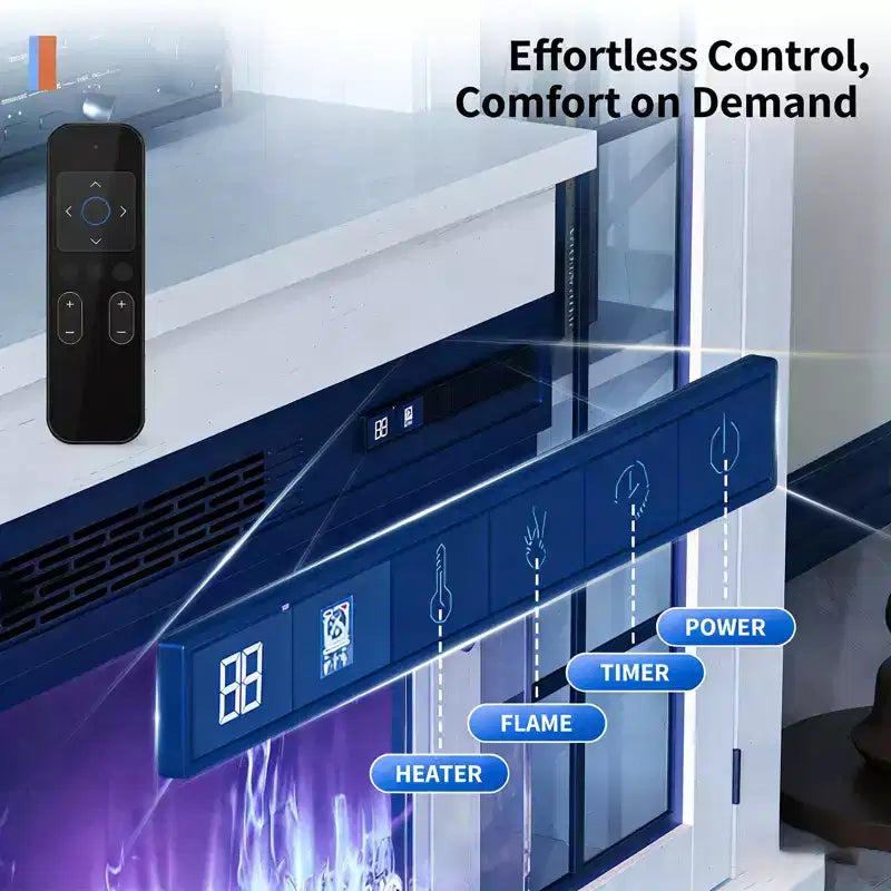 Meuble TV électrique Coolmee 3 faces avec cheminée en verre pour téléviseurs jusqu'à 65 pouces, console multimédia avec lumière LED, portes en verre, rangement, centre de divertissement