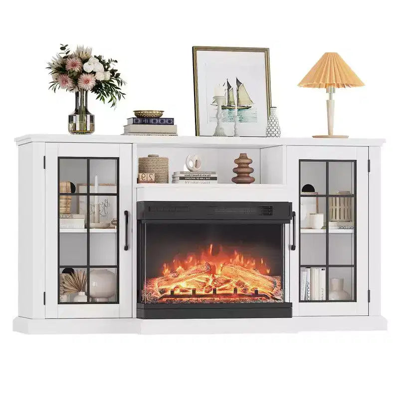 Meuble TV électrique Coolmee 3 faces avec cheminée en verre pour téléviseurs jusqu'à 65 pouces, console multimédia avec lumière LED, portes en verre, rangement, centre de divertissement
