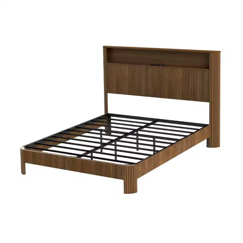 Cadre de lit ModernLuxe Queen/Full XL avec tête de lit de rangement, station de charge intégrée, design ondulé, support silencieux