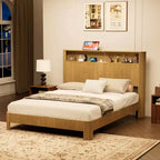 Cadre de lit ModernLuxe Queen/Full XL avec tête de lit de rangement, station de charge intégrée, design ondulé, support silencieux