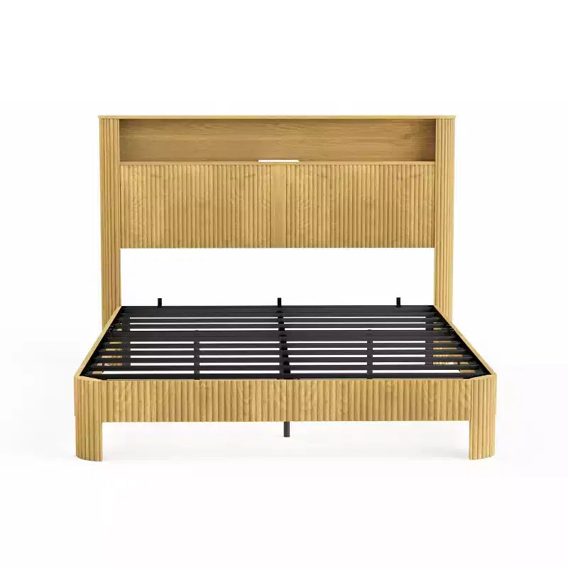 Cadre de lit ModernLuxe Queen/Full XL avec tête de lit de rangement, station de charge intégrée, design ondulé, support silencieux