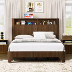 Cadre de lit ModernLuxe Queen/Full XL avec tête de lit de rangement, station de charge intégrée, design ondulé, support silencieux