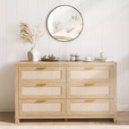 6 Drawer Rattan Dresser for Bedroom, Boho Modern Wood Dressers Chest with Ample Storage, 6-Drawer Chest of Drawers for Closet & Living Room, Natural