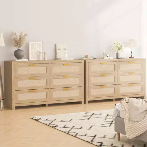 Commode 6 tiroirs en rotin pour chambre à coucher, commode de rangement bohème moderne en bois avec grand espace de rangement, commode 6 tiroirs pour dressing et salon, naturelle
