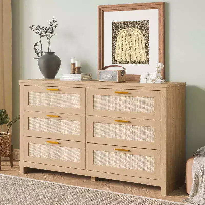 Commode 6 tiroirs en rotin pour chambre à coucher, commode de rangement bohème moderne en bois avec grand espace de rangement, commode 6 tiroirs pour dressing et salon, naturelle