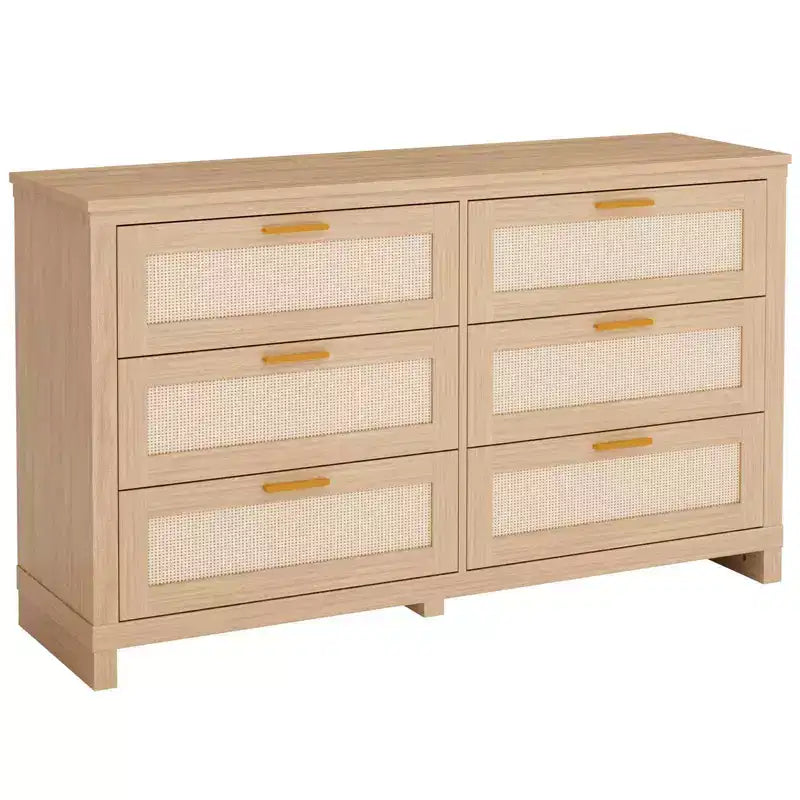 Commode 6 tiroirs en rotin pour chambre à coucher, commode de rangement bohème moderne en bois avec grand espace de rangement, commode 6 tiroirs pour dressing et salon, naturelle