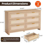 Commode 6 tiroirs en rotin pour chambre à coucher, commode de rangement bohème moderne en bois avec grand espace de rangement, commode 6 tiroirs pour dressing et salon, naturelle