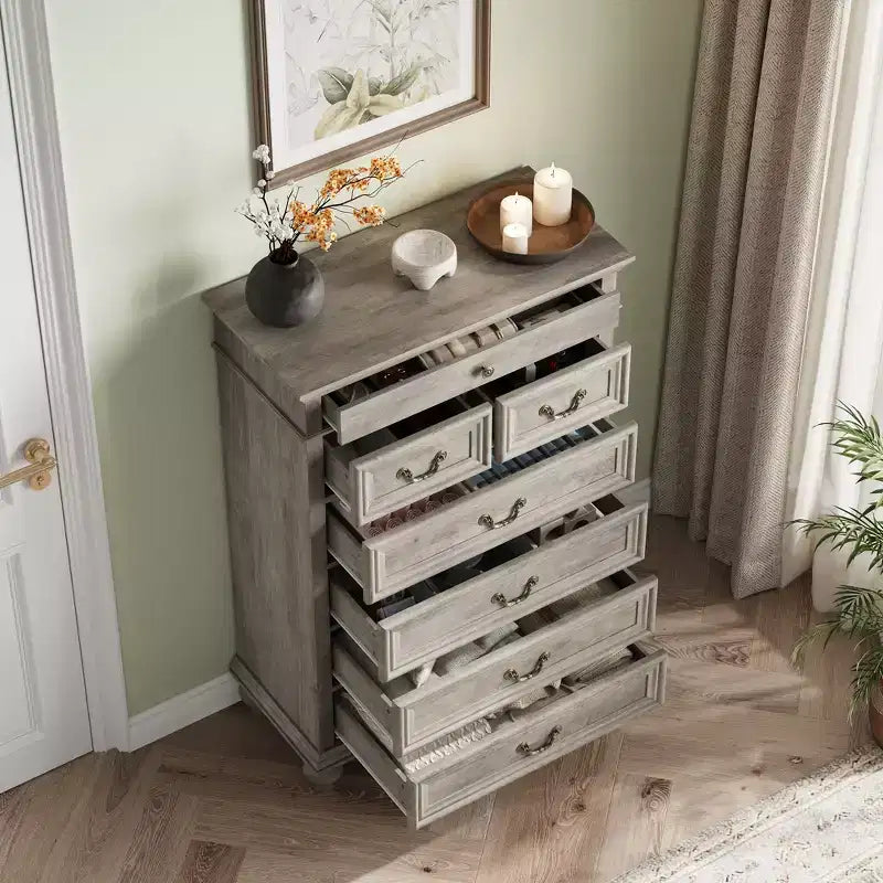 Commode à 7 tiroirs, commode de rangement moderne en bois, meuble TV commode, organisateur de tiroirs en bois avec poignées rustiques pour chambre à coucher, salon, couloir