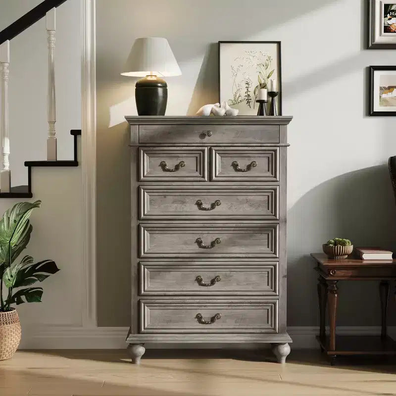 Commode à 7 tiroirs, commode de rangement moderne en bois, meuble TV commode, organisateur de tiroirs en bois avec poignées rustiques pour chambre à coucher, salon, couloir