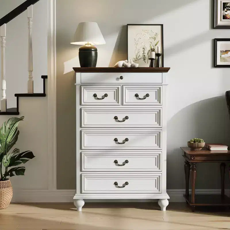Commode à 7 tiroirs, commode de rangement moderne en bois, meuble TV commode, organisateur de tiroirs en bois avec poignées rustiques pour chambre à coucher, salon, couloir