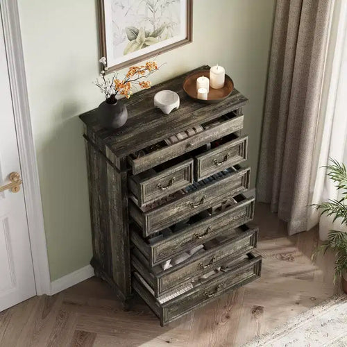 Commode à 7 tiroirs, commode de rangement moderne en bois, meuble TV commode, organisateur de tiroirs en bois avec poignées rustiques pour chambre à coucher, salon, couloir