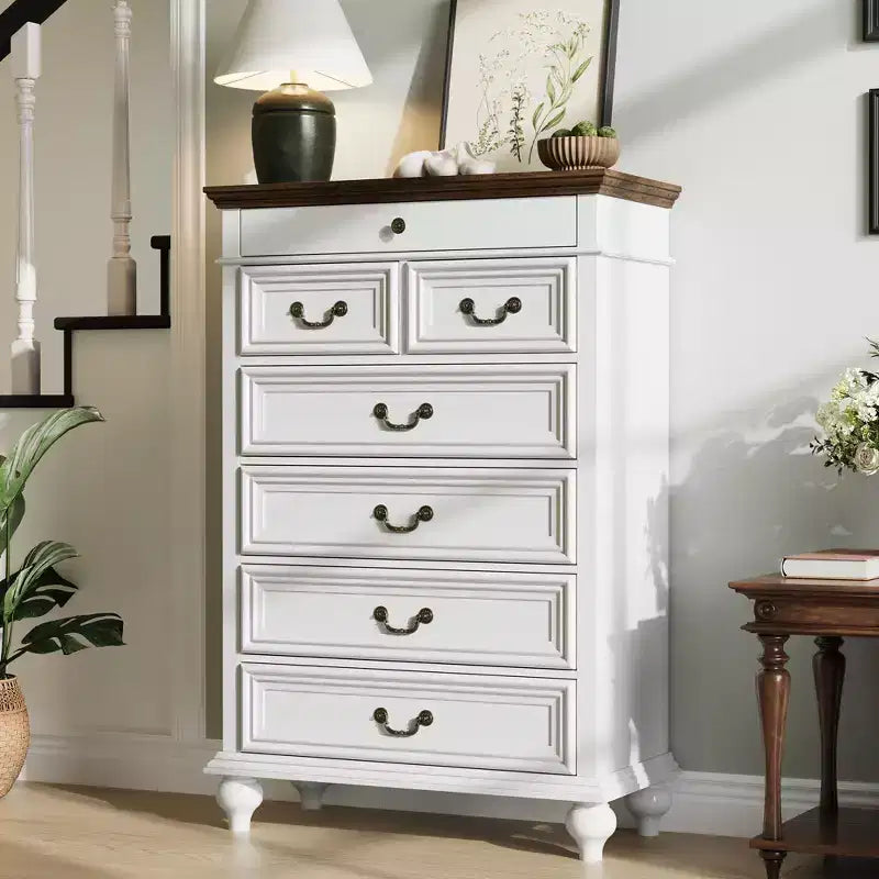Commode à 7 tiroirs, commode de rangement moderne en bois, meuble TV commode, organisateur de tiroirs en bois avec poignées rustiques pour chambre à coucher, salon, couloir