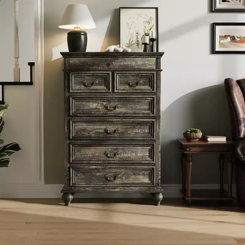 Commode à 7 tiroirs, commode de rangement moderne en bois, meuble TV commode, organisateur de tiroirs en bois avec poignées rustiques pour chambre à coucher, salon, couloir