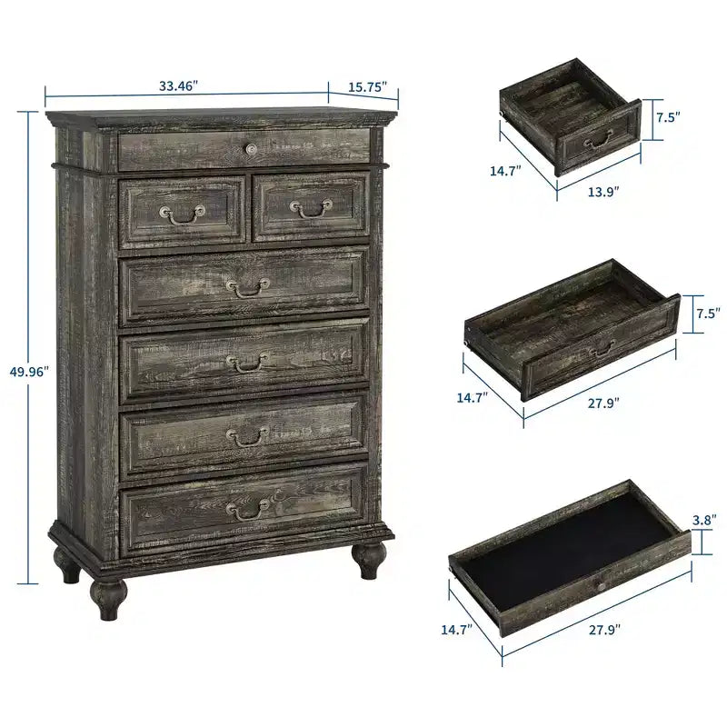 Commode à 7 tiroirs, commode de rangement moderne en bois, meuble TV commode, organisateur de tiroirs en bois avec poignées rustiques pour chambre à coucher, salon, couloir