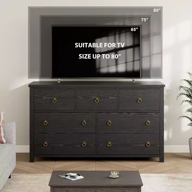 Commode à 7 tiroirs, commode de rangement en bois moderne, meuble TV, organisateur de tiroirs en bois avec poignées pour chambre, salon, couloir, blanc