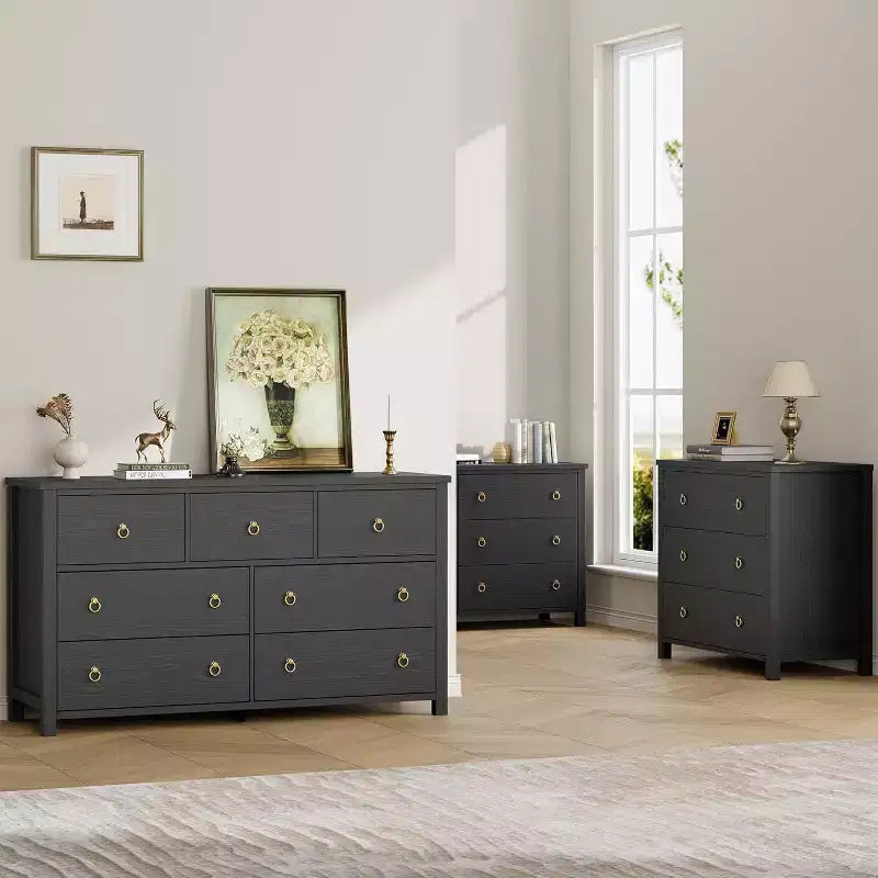 Commode à 7 tiroirs, commode de rangement en bois moderne, meuble TV, organisateur de tiroirs en bois avec poignées pour chambre, salon, couloir, blanc