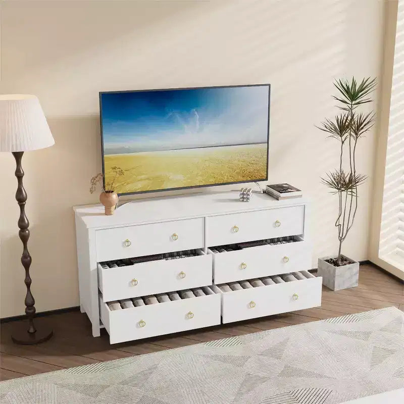 Commode à 7 tiroirs, commode de rangement en bois moderne, meuble TV, organisateur de tiroirs en bois avec poignées pour chambre, salon, couloir, blanc