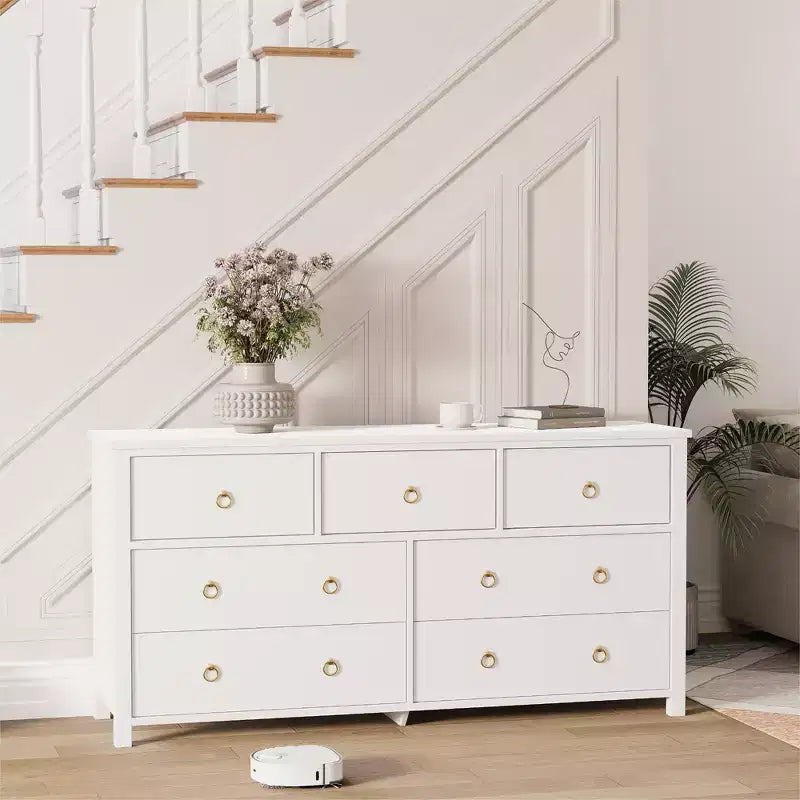 Commode à 7 tiroirs, commode de rangement en bois moderne, meuble TV, organisateur de tiroirs en bois avec poignées pour chambre, salon, couloir, blanc