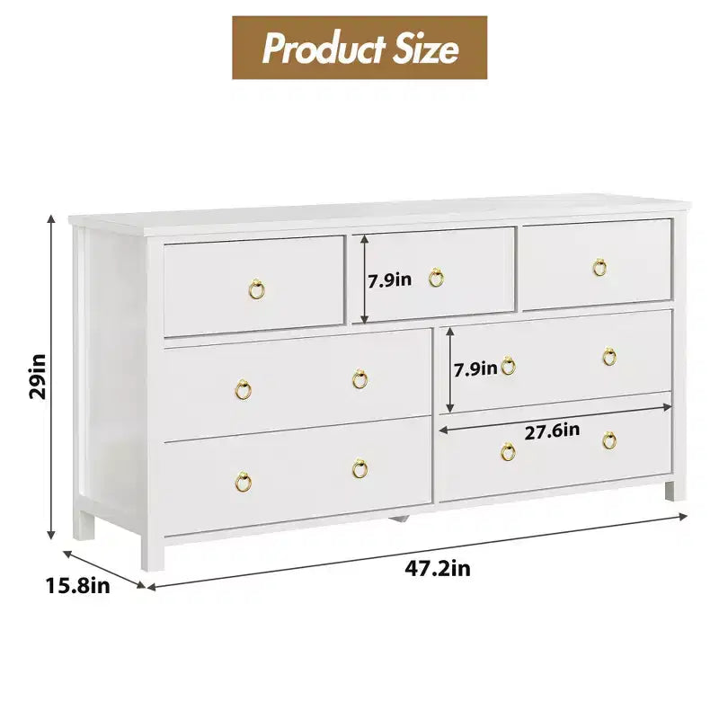 Commode à 7 tiroirs, commode de rangement en bois moderne, meuble TV, organisateur de tiroirs en bois avec poignées pour chambre, salon, couloir, blanc