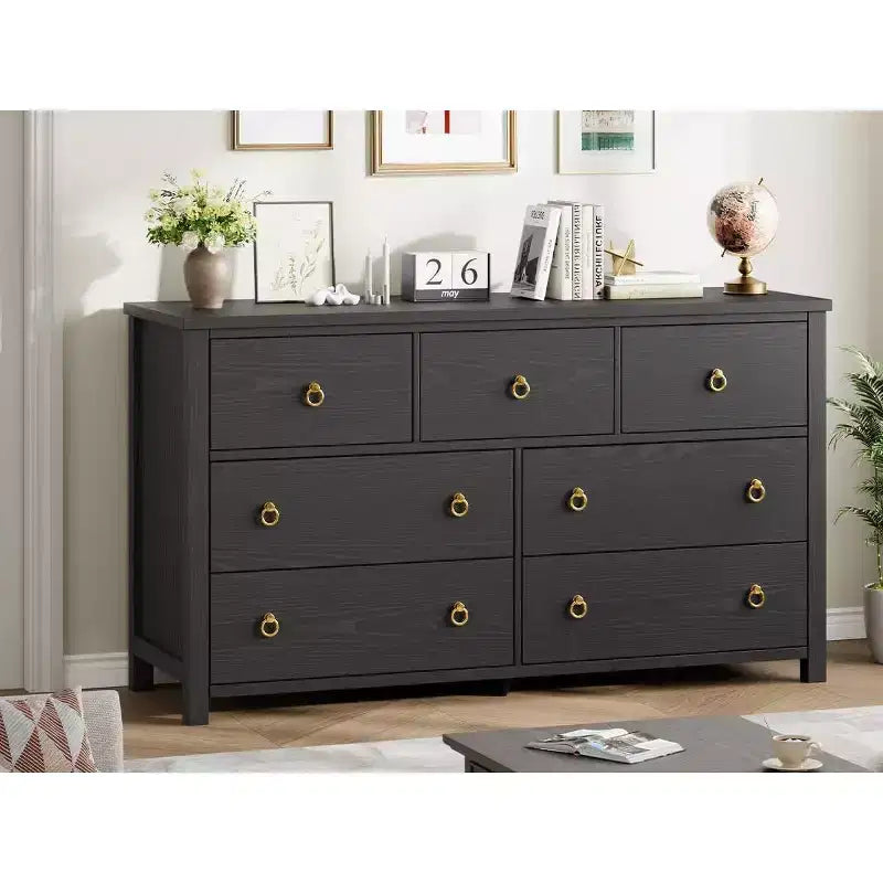 Commode à 7 tiroirs, commode de rangement en bois moderne, meuble TV, organisateur de tiroirs en bois avec poignées pour chambre, salon, couloir, blanc