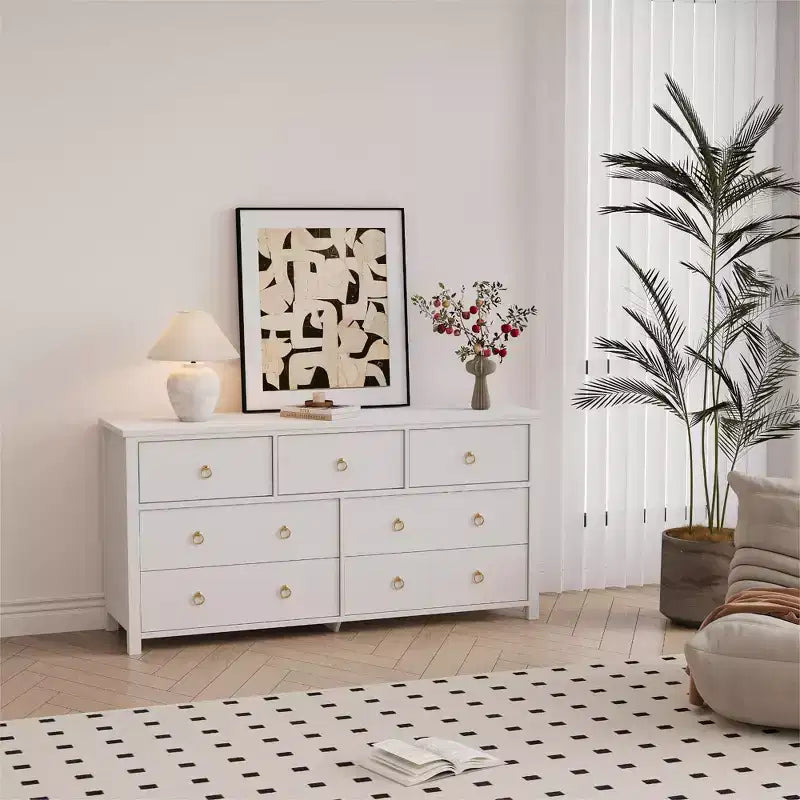 Commode à 7 tiroirs, commode de rangement en bois moderne, meuble TV, organisateur de tiroirs en bois avec poignées pour chambre, salon, couloir, blanc
