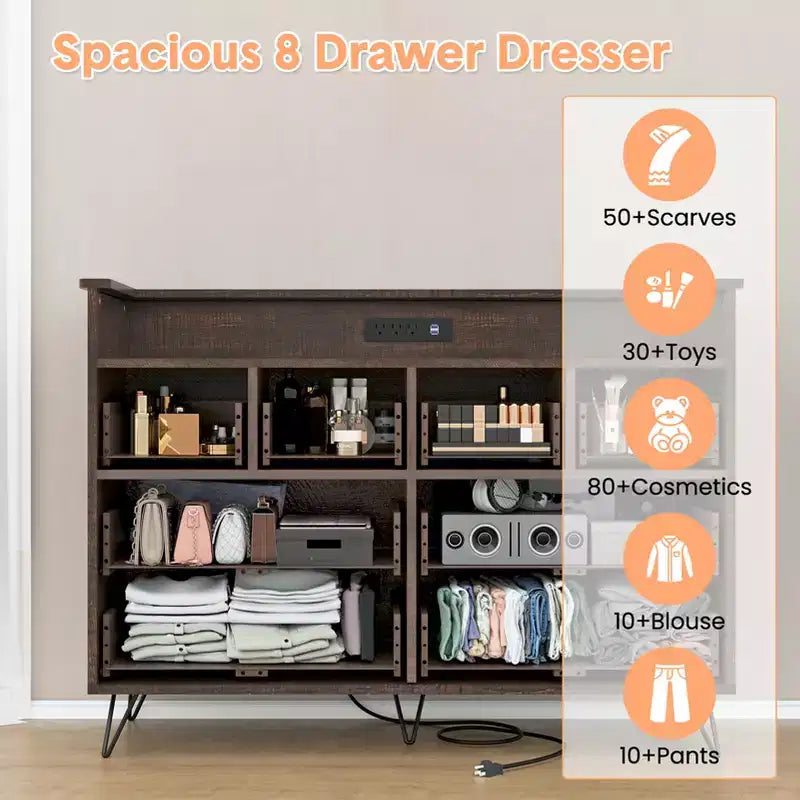 Commode 8 tiroirs, Meuble TV de chambre avec lumières LED et prise de courant, Grande commode pour couloir, salon, entrée