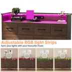 Commode 8 tiroirs, Meuble TV de chambre avec lumières LED et prise de courant, Grande commode pour couloir, salon, entrée