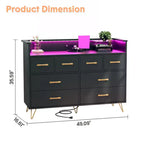 Commode 8 tiroirs, Meuble TV de chambre avec lumières LED et prise de courant, Grande commode pour couloir, salon, entrée