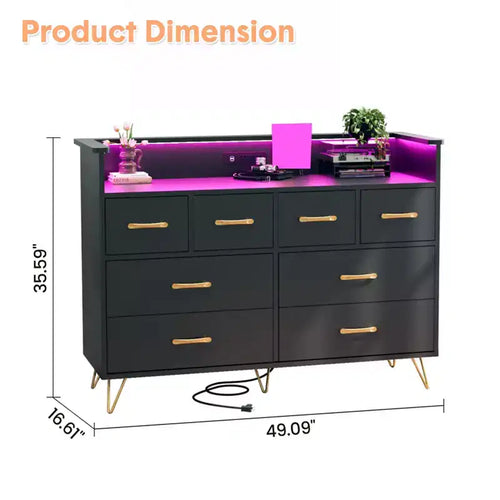 Commode 8 tiroirs, Meuble TV de chambre avec lumières LED et prise de courant, Grande commode pour couloir, salon, entrée