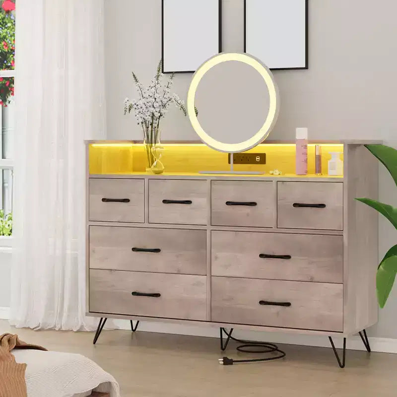 Commode 8 tiroirs, Meuble TV de chambre avec lumières LED et prise de courant, Grande commode pour couloir, salon, entrée