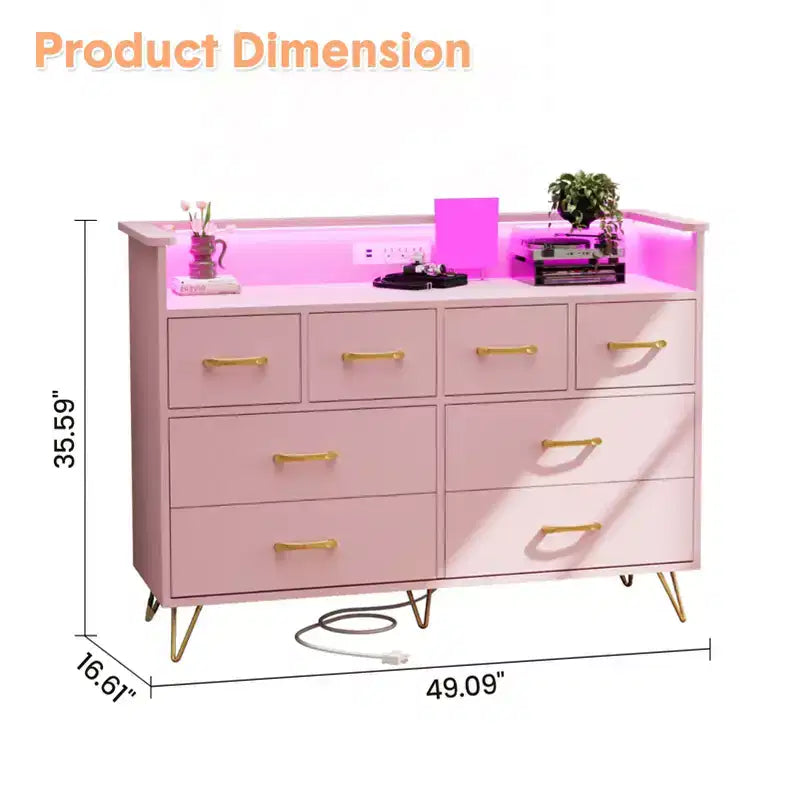 Commode 8 tiroirs, Meuble TV de chambre avec lumières LED et prise de courant, Grande commode pour couloir, salon, entrée