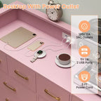 Commode 8 tiroirs, Meuble TV de chambre avec lumières LED et prise de courant, Grande commode pour couloir, salon, entrée