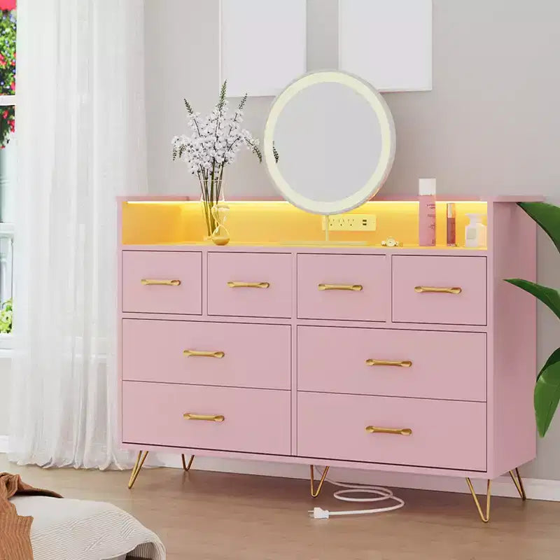 Commode 8 tiroirs, Meuble TV de chambre avec lumières LED et prise de courant, Grande commode pour couloir, salon, entrée