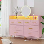 Commode 8 tiroirs, Meuble TV de chambre avec lumières LED et prise de courant, Grande commode pour couloir, salon, entrée