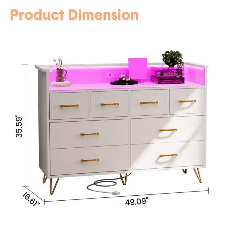 Commode 8 tiroirs, Meuble TV de chambre avec lumières LED et prise de courant, Grande commode pour couloir, salon, entrée