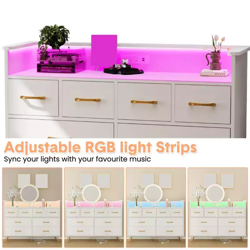 Commode 8 tiroirs, Meuble TV de chambre avec lumières LED et prise de courant, Grande commode pour couloir, salon, entrée