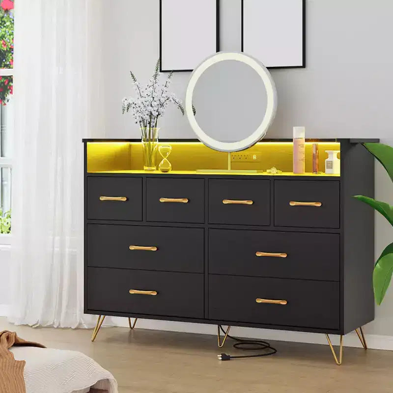 Commode 8 tiroirs, Meuble TV de chambre avec lumières LED et prise de courant, Grande commode pour couloir, salon, entrée