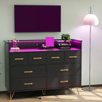 Commode 8 tiroirs, Meuble TV de chambre avec lumières LED et prise de courant, Grande commode pour couloir, salon, entrée