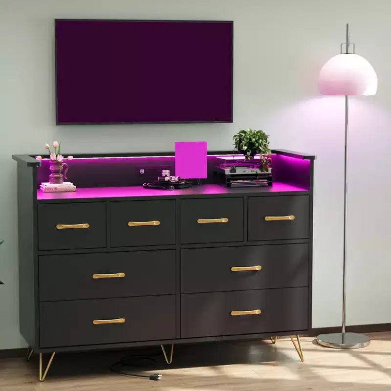 Commode 8 tiroirs, Meuble TV de chambre avec lumières LED et prise de courant, Grande commode pour couloir, salon, entrée