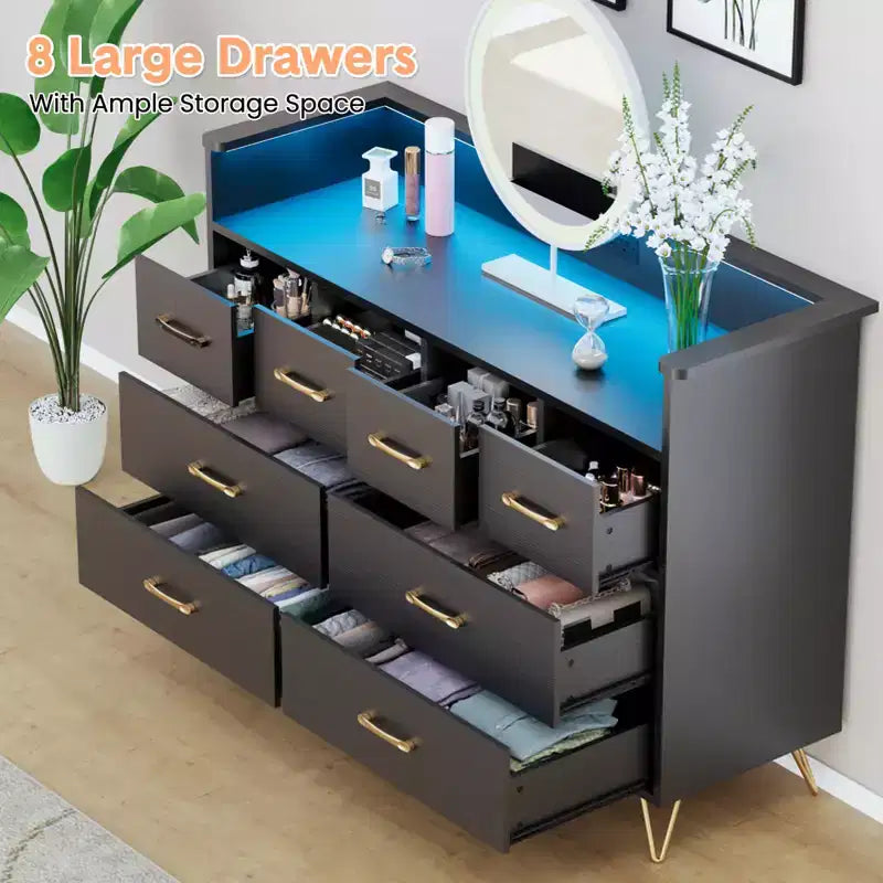 Commode 8 tiroirs, Meuble TV de chambre avec lumières LED et prise de courant, Grande commode pour couloir, salon, entrée