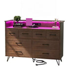 Commode 8 tiroirs, Meuble TV de chambre avec lumières LED et prise de courant, Grande commode pour couloir, salon, entrée